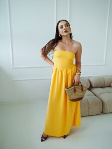 Sukienka „Sunbeam Glow” – długa, żółta bandeau z elastyczną górą